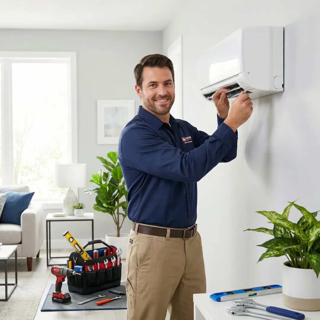 HVAC technician installing indoor mini split air handler unit on wall