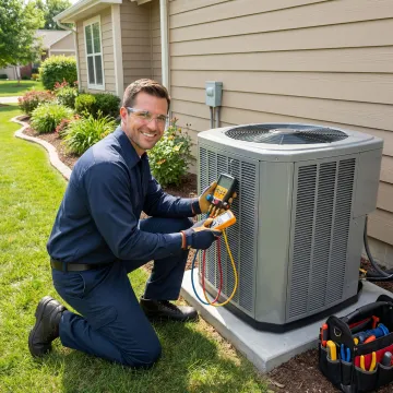 Professional HVAC technician installing modern air conditioning unit in Brenham Texas home