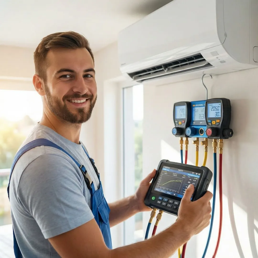 HVAC technician testing new air conditioning installation with diagnostic equipment