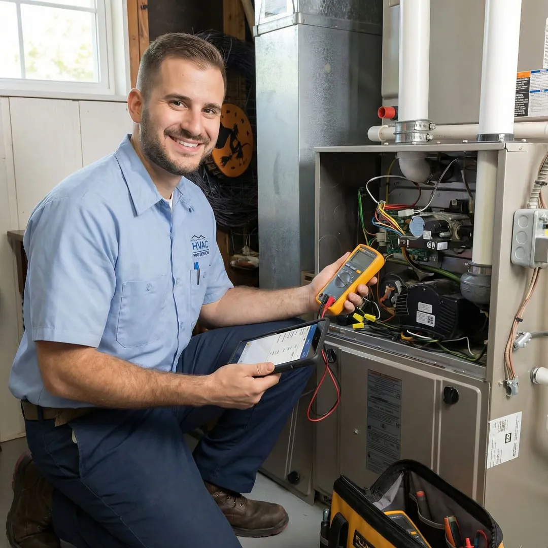 HVAC technician performing furnace repair and maintenance in residential setting