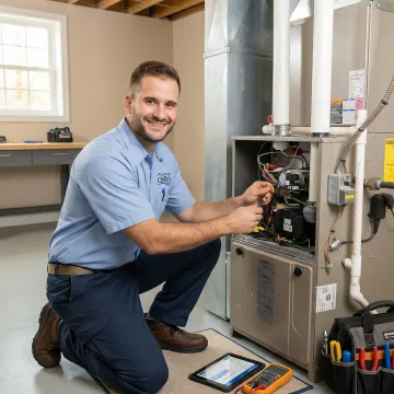 HVAC technician repairing a residential furnace in Brenham Texas home