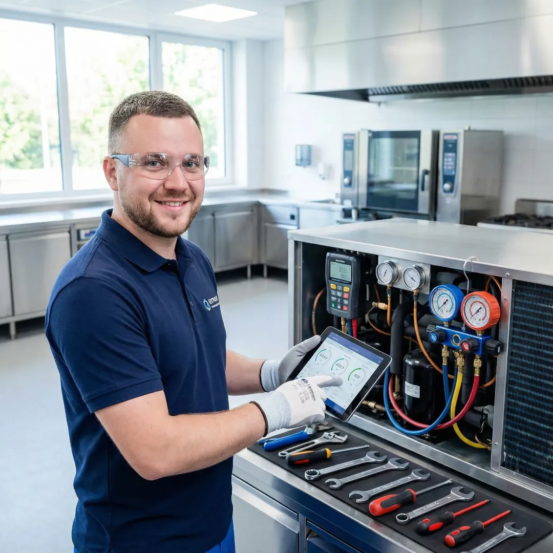 HVAC technician performing diagnostic testing on commercial refrigeration equipment