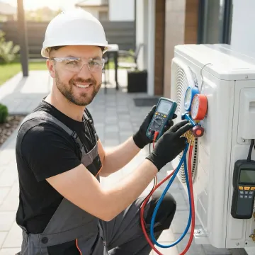 Certified HVAC technician performing AC repair with diagnostic equipment