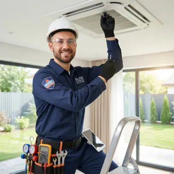 HVAC technician repairing air conditioning unit in Navasota Texas home