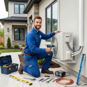 Professional HVAC technician installing new air conditioning unit in Navasota home