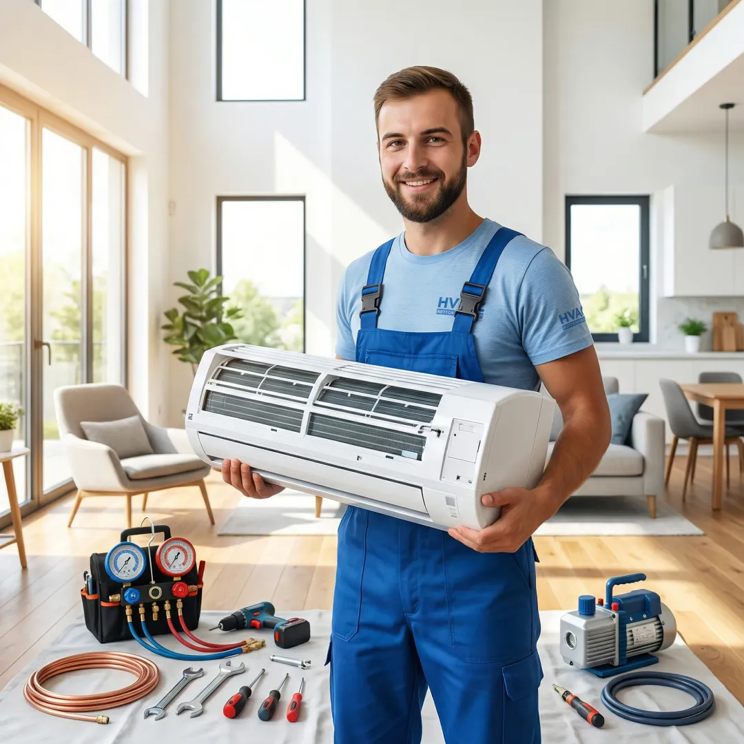 Step-by-step AC installation process showing technician working on residential cooling system
