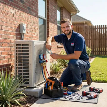 HVAC technician repairing air conditioning unit in Caldwell Texas home