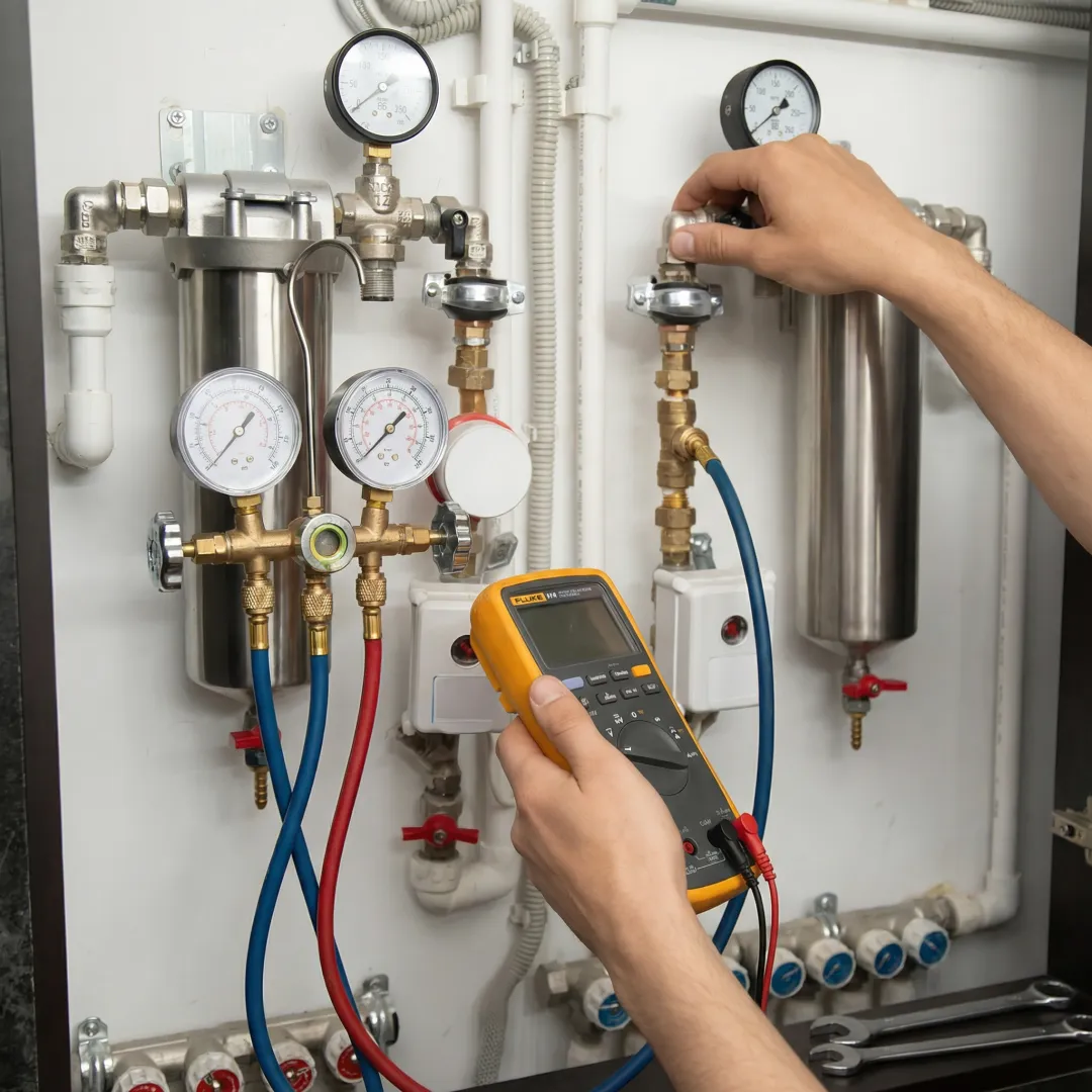 HVAC technician inspecting air conditioning system components