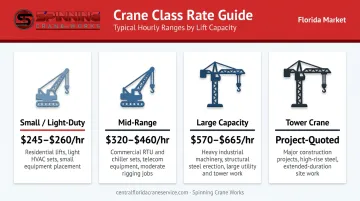 Four crane class cost comparison chart with hourly rates and use cases