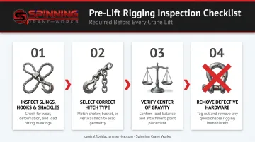 Four-step pre-lift rigging inspection checklist process flow infographic