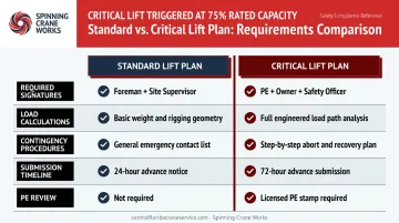 Standard versus critical crane lift plan comparison table with key documentation differences