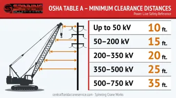 OSHA crane power line minimum clearance distances by voltage level chart