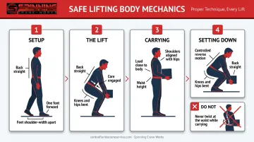 Step-by-step proper lifting body mechanics technique diagram for workers
