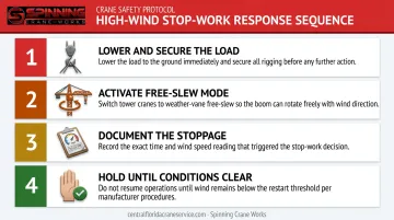 4-step crane stop-work wind emergency response sequence process flow diagram