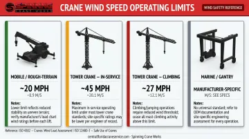 Crane type wind speed operational limits comparison chart by manufacturer and ISO standard