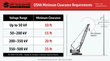OSHA power line clearance distance requirements by voltage level for crane operations