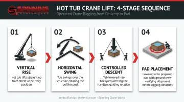 Four-step crane hot tub lift sequence from rise to pad placement process flow