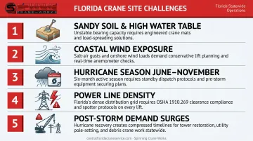 Five Florida-specific crane operation challenges infographic with site condition icons