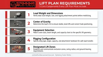 5-component lift plan checklist infographic for safe heavy equipment lifts