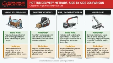 Hot tub delivery method comparison chart showing manual rollers skid steer HIAB and mobile crane