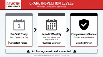Three-tier crane inspection schedule infographic showing frequency scope and authorized personnel