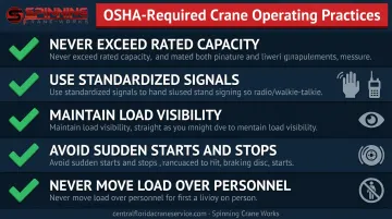 Core crane safe operating practices checklist infographic with five OSHA-required lift rules