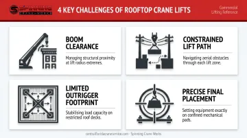 Four rooftop HVAC crane lift complexity factors illustrated as challenge icons