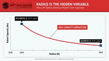 Crane lift radius versus capacity drop chart showing 86 percent reduction at distance
