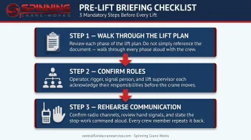 Three-step critical lift pre-lift briefing process checklist for crane crews