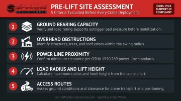 5-point crane pre-lift site assessment checklist infographic for job site safety