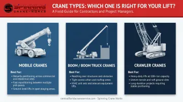 Three common construction crane types comparison chart with applications and use cases