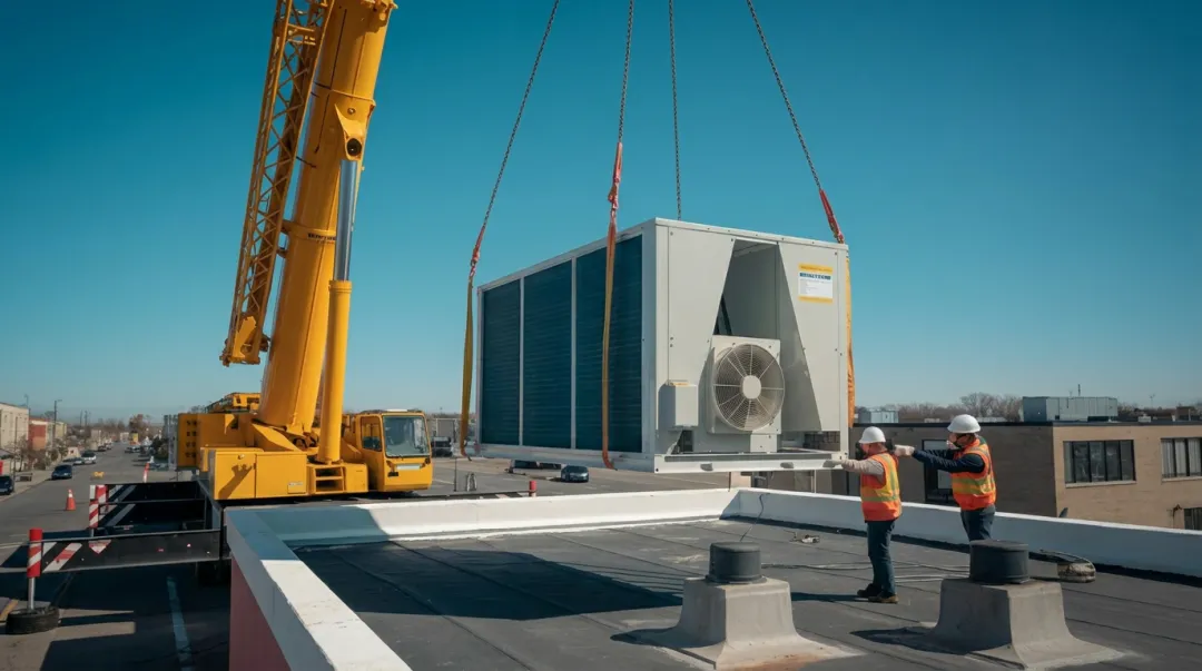 Commercial rooftop HVAC unit being set by crane on flat roof