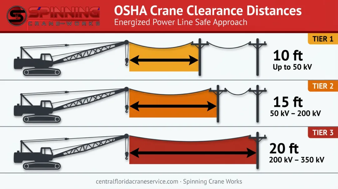 OSHA power line clearance distance requirements by voltage level for crane operations