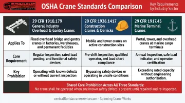 Three OSHA crane weight limit standards comparison table by industry setting