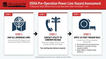 Three-step OSHA pre-operation crane power line hazard assessment process flow