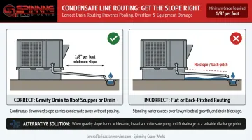 Commercial HVAC condensate drainage slope requirements and gravity routing diagram