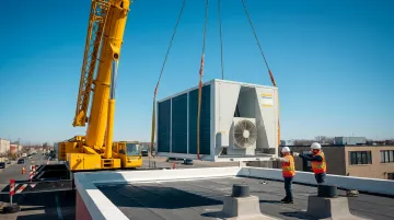 Large mobile crane lifting commercial rooftop HVAC unit onto commercial building roof