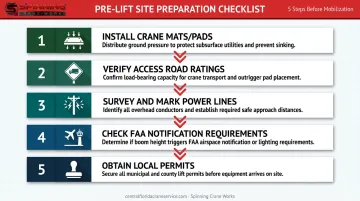 Five-step commercial crane site preparation checklist before mobilization infographic