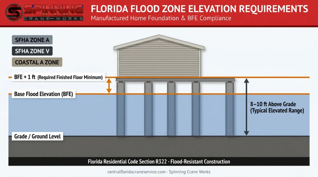 Florida flood zone BFE elevation requirements for manufactured home placement diagram