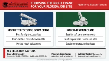 Mobile home crane selection guide comparing telescoping boom and rough terrain crane types