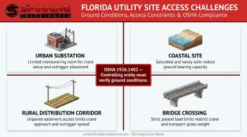 Florida utility crane site access challenges soil types and outrigger stability requirements