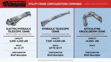 Three utility service crane types comparison telescopic articulating and digger derrick