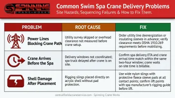 Swim spa crane delivery problems root causes and preventive fixes comparison table
