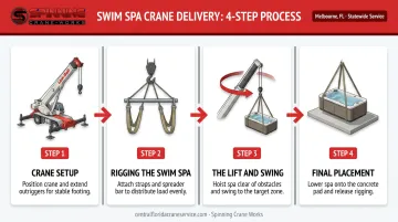 4-step swim spa crane delivery process from rigging to final pad placement