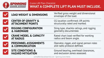 6-component crane lift plan checklist infographic for pre-lift planning