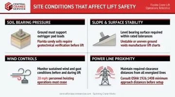 Crane lift environmental risk factors infographic covering soil wind slope and power line hazards