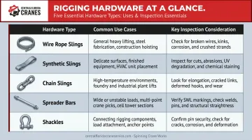 Rigging hardware comparison table showing 5 sling types uses and key inspection considerations