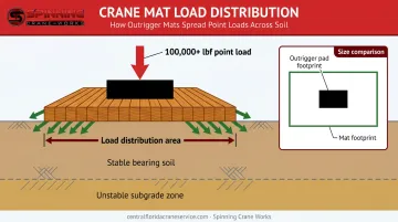 Crane outrigger load distribution diagram showing crane mat pressure spreading on ground