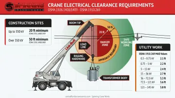 OSHA crane electrical clearance zones showing boom load line and transformer body distances