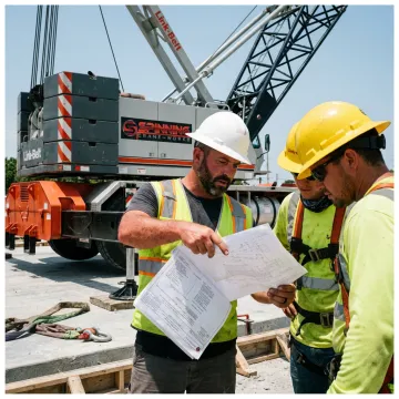 Crane operator and rigging crew planning a safe lift